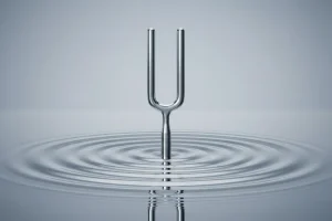 Polished tuning fork touching calm water, creating clean concentric ripples on a soft gray-blue background.