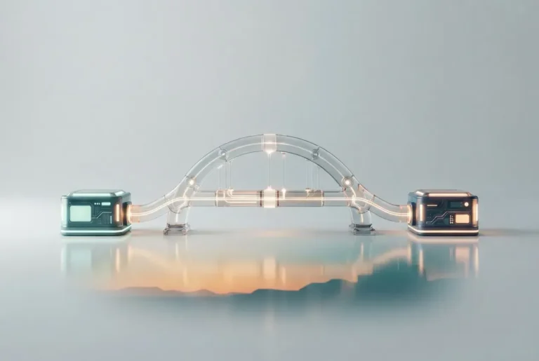 Glowing glass bridge connecting two digital hubs, symbolizing proactive communication in remote work